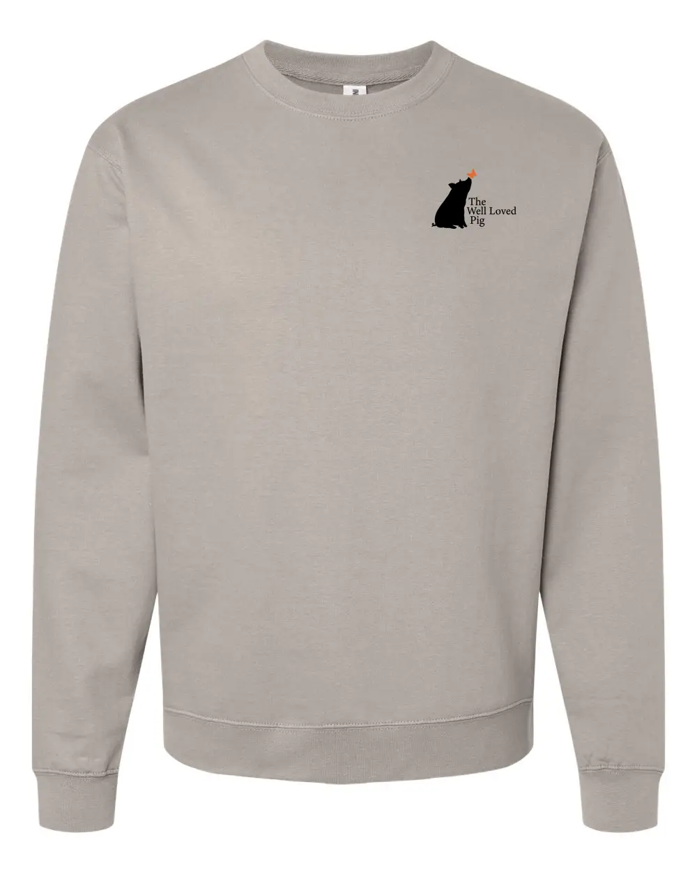 Midweight crewneck sweatshirt in cement screenprinted with The Well Loved Pig logo.