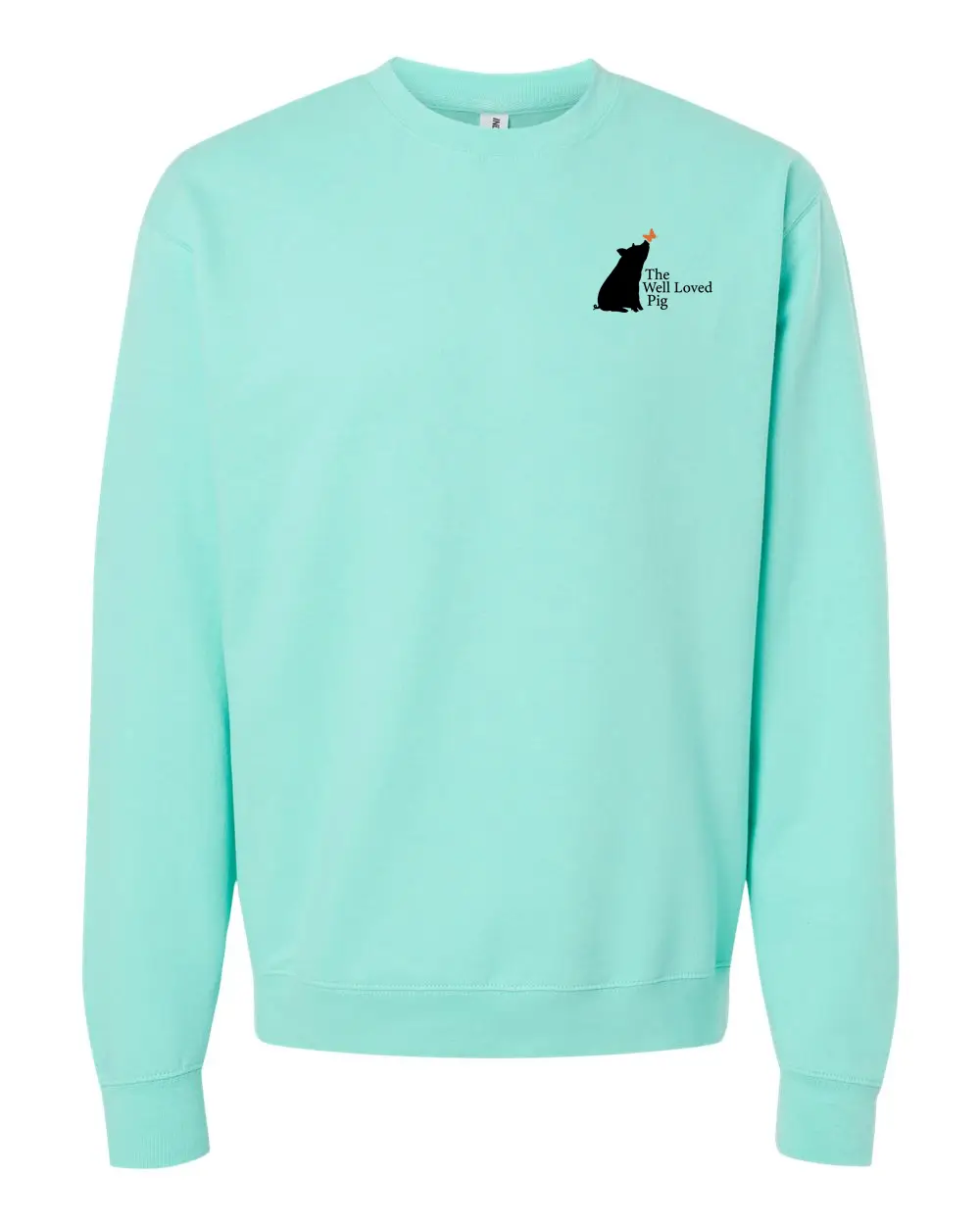 Midweight crewneck sweatshirt in mint screenprinted with The Well Loved Pig logo.